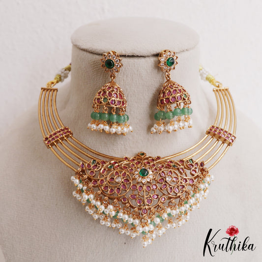 Stunning Floral Motifs Hasli Kemp Necklace With Pearl Bead Drops NC3060