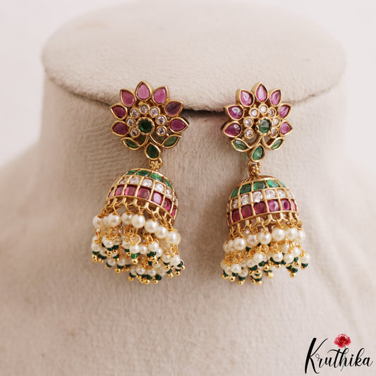 Pretty Lotus Motifs Kemp Jhumkas With Pearl Drops E1201