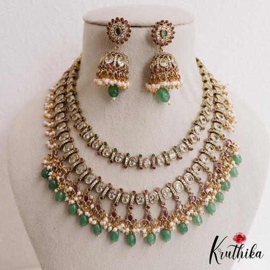 Sparkling Geometric Motifs Two Layer CZ Necklace With Green Bead Drops NC3061