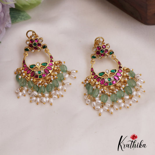 Stunning Floral Motifs Chandbali Jadau Earrings With Pearl And Bead Drops E920