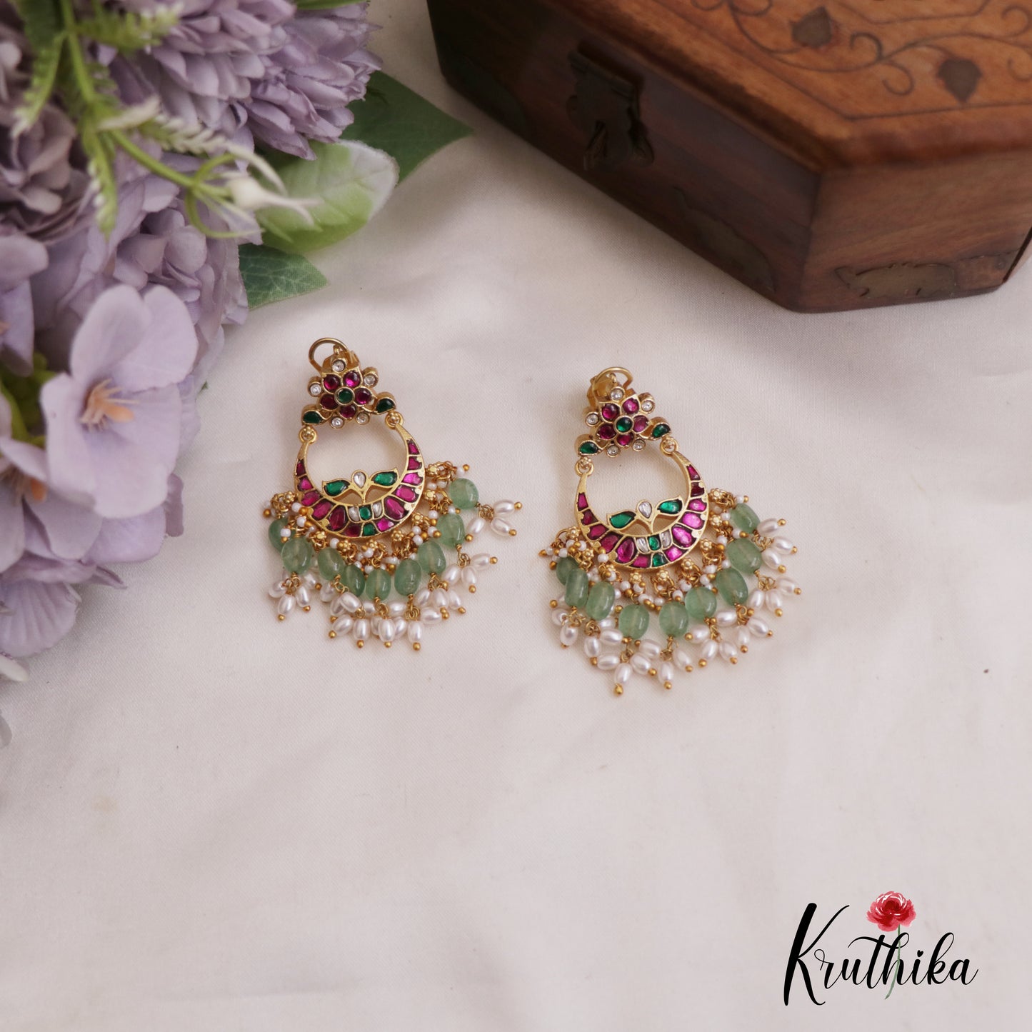 Stunning Floral Motifs Chandbali Jadau Earrings With Pearl And Bead Drops E920