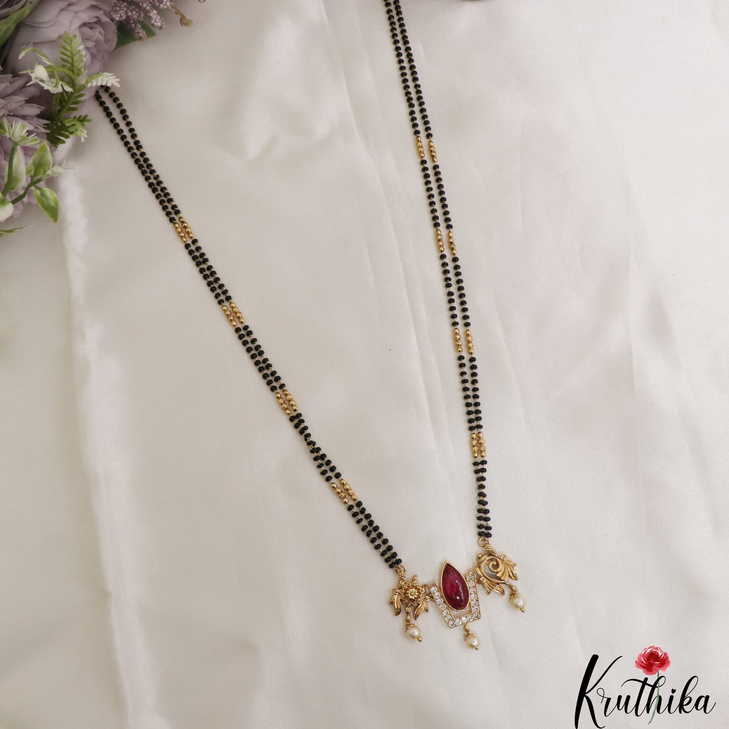Traditional Shankh Chakra Motifs Black Beads Chain With Pendant NC3095 (Available In 2 Colors)