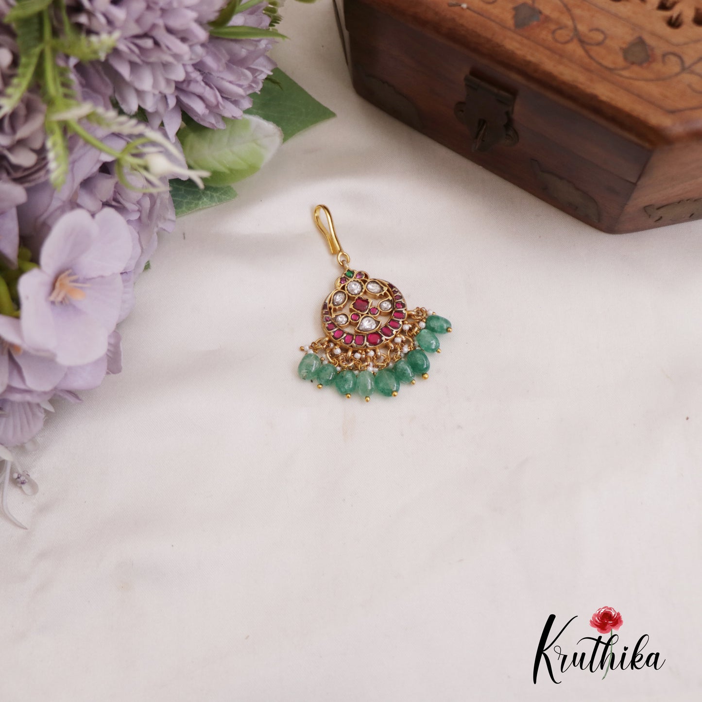 Elegant Jadau Maang Tikka With Green Bead Drops MT346