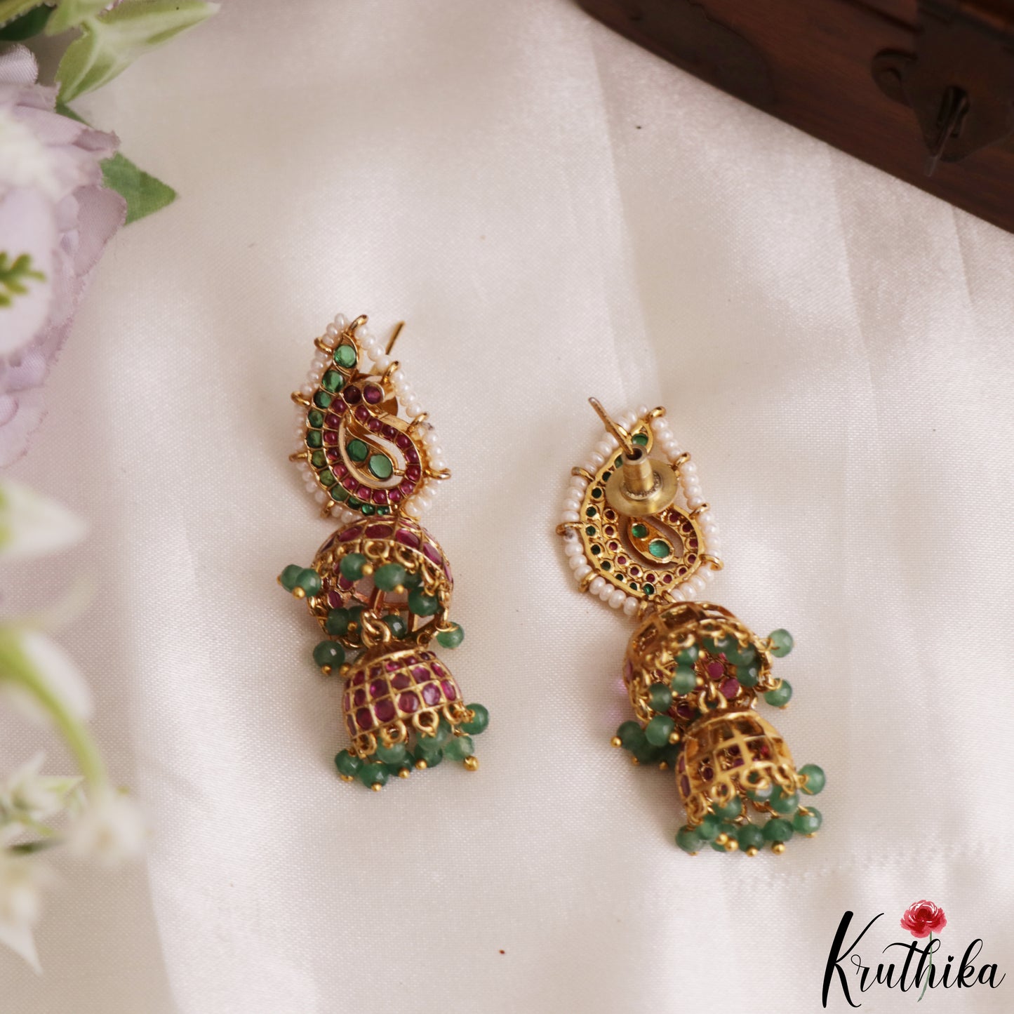Classic Pearl Border Mango Motifs Kemp Jhumkas With Green Bead Drops E1203