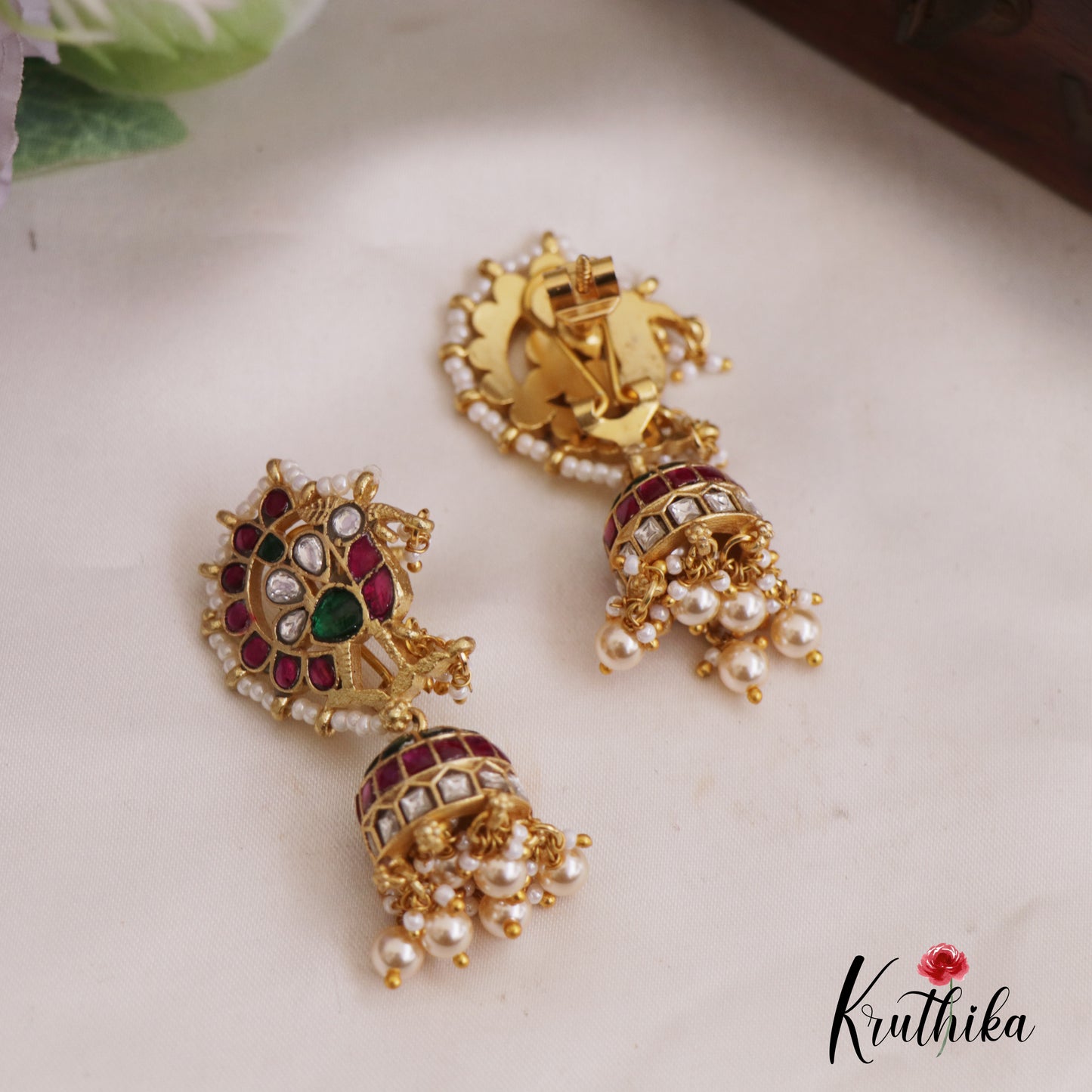 Beautiful Peacock Motifs Jadau Jhumkas With Pearl Drops E916