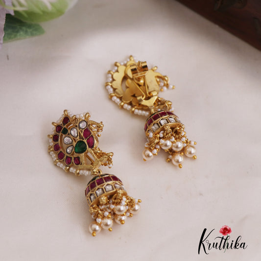 Beautiful Peacock Motifs Jadau Jhumkas With Pearl Drops E916