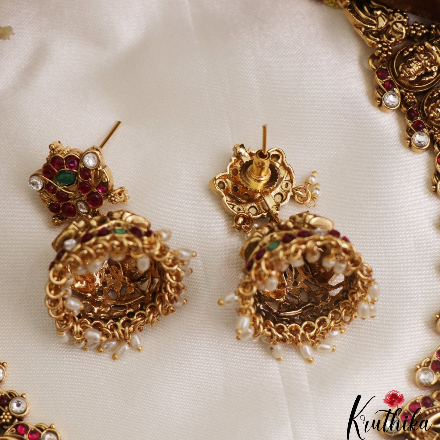 Gorgeous Antique Nagas Mango Lakshmi Motifs Jadau Necklace With Rice Pearl Drops NC3090