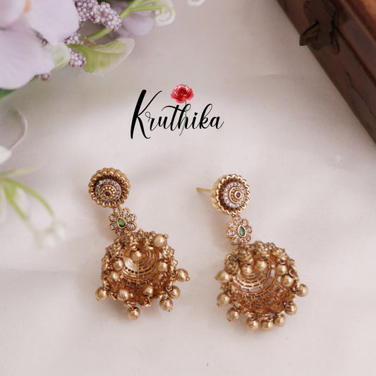 Beautiful Antique Gold Finish Floral Jhumka Earrings E750