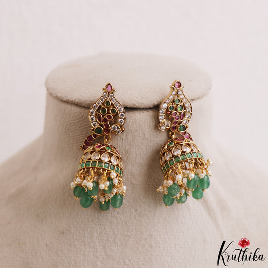 Pretty Peacock Motifs Kemp Jhumkas With Green Bead Drops E1205
