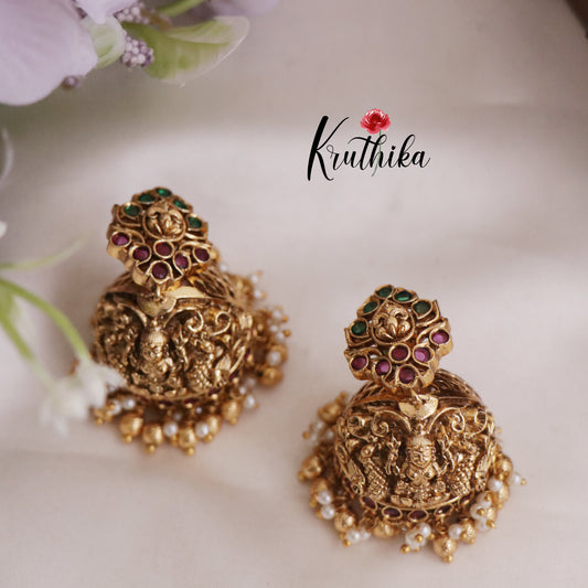 Beautiful Lakshmi Peacock Jhumkas with Golden Beads Drops E753