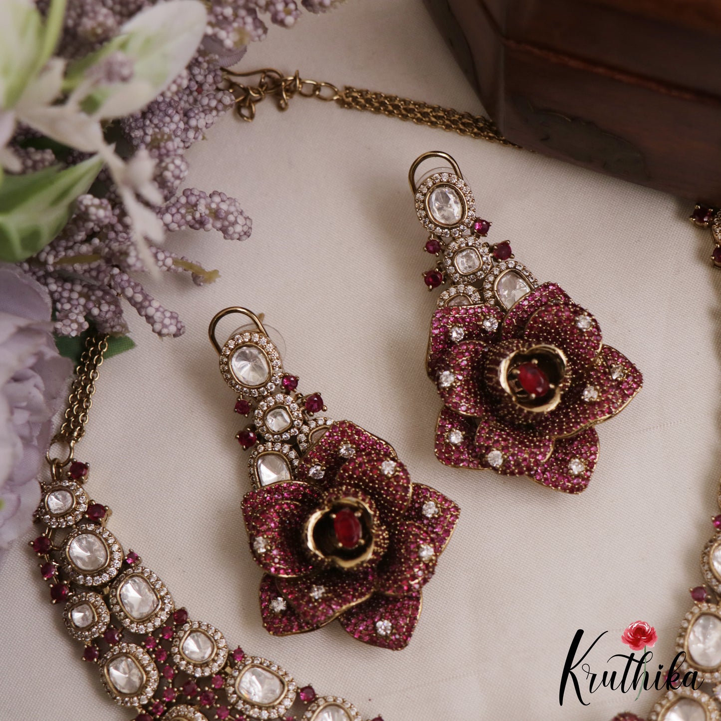 Stunning Rose Blossom Polki Victorian Necklace NC3057 (Available In 2 Colors)