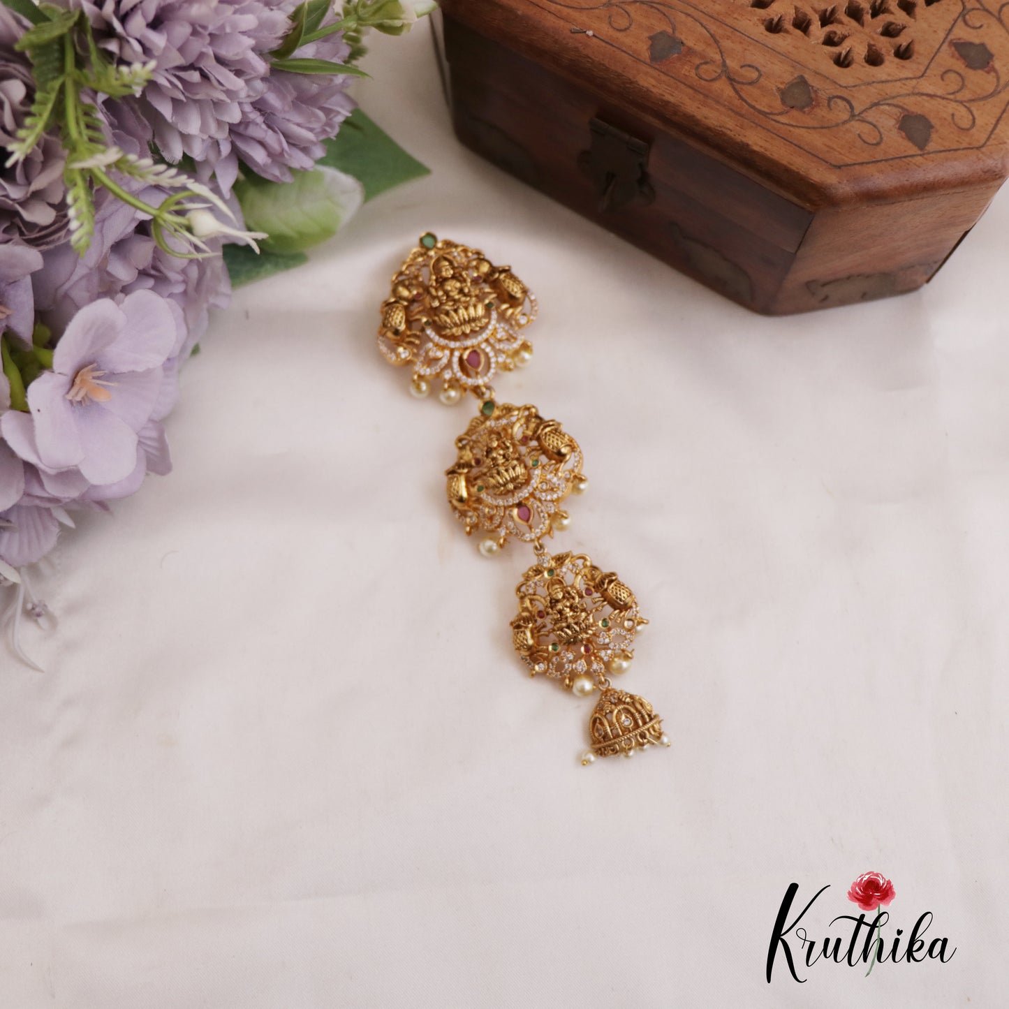 Traditional Antique Lakshmi Motifs Jada Billa With Pearl Drops J344