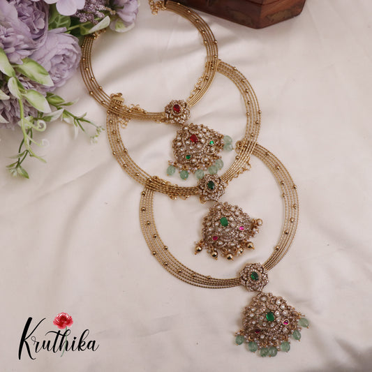 Simple AD Victorian Jadau Peacock Hasli Necklace with Beads Drops NC2342 (Available in 3 Colours)