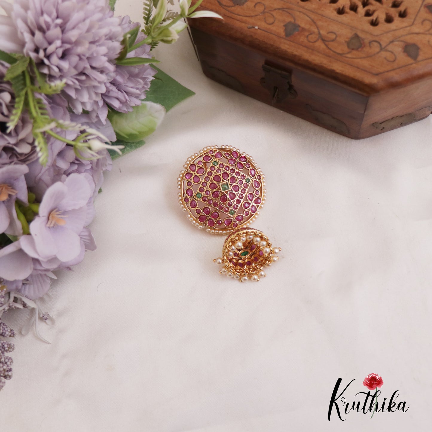 Traditional Teardrop Floral Motifs Jhumka Jada Billa With Pearl Drops J346