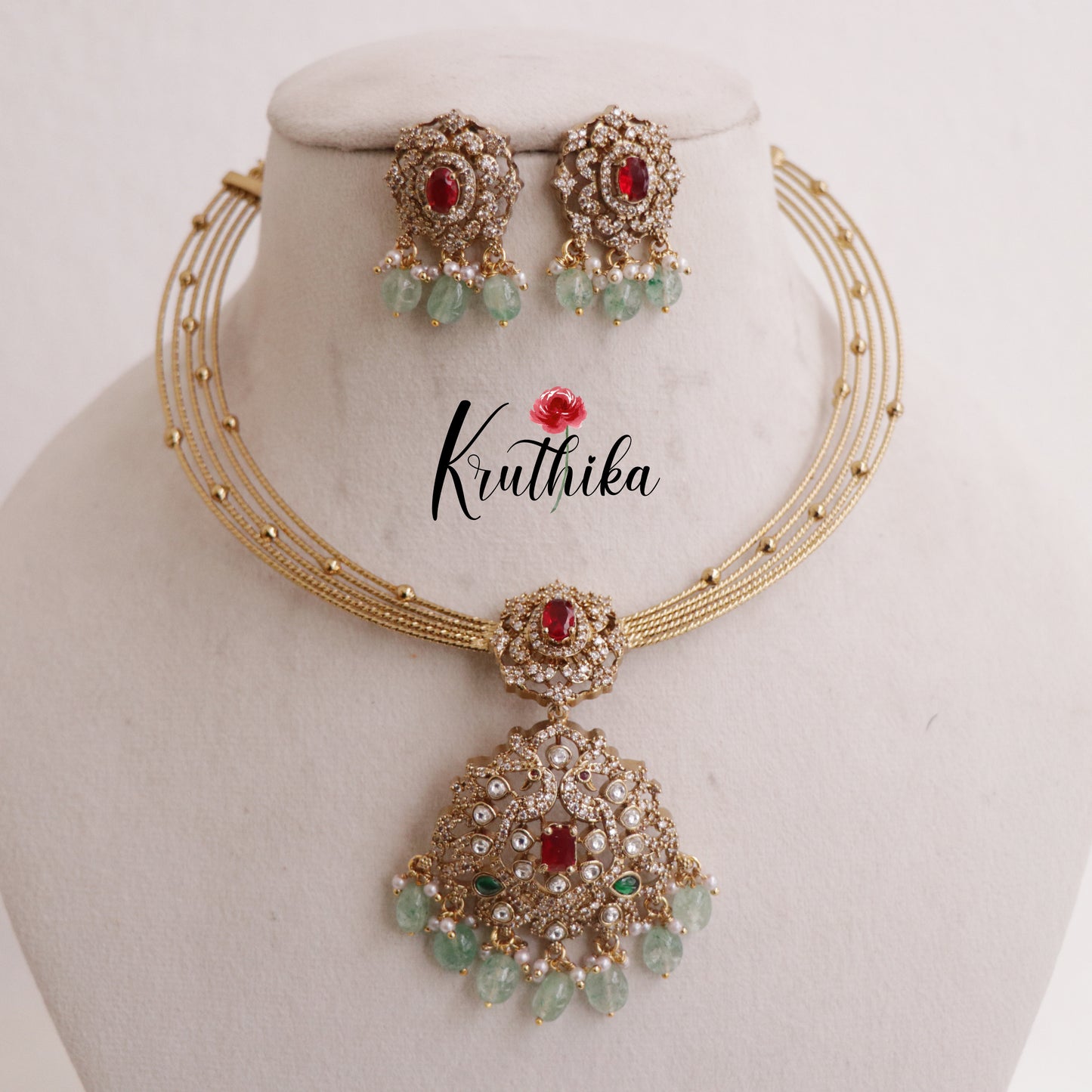 Simple AD Victorian Jadau Peacock Hasli Necklace with Beads Drops NC2342 (Available in 3 Colours)