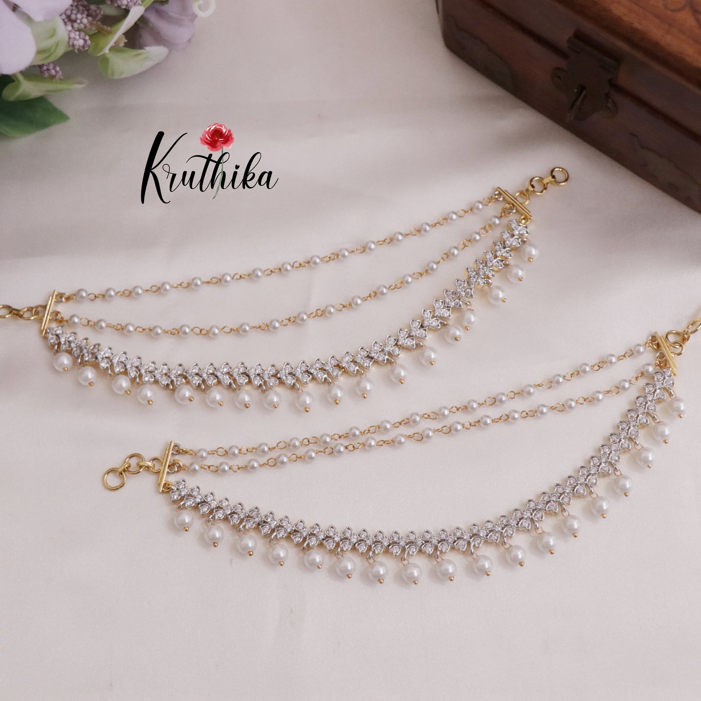 Simple CZ Sparkling Pearl Drop Earchains EC140