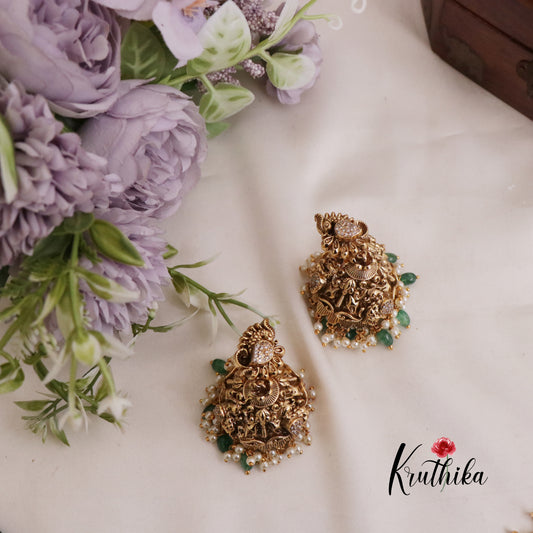 Royal Temple Radha Krishna Peacock Necklace with Green Beads Drops NC2420