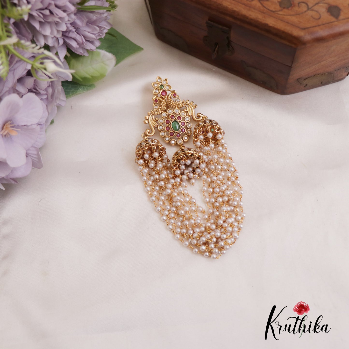 Gorgeous Antique Peacock Motifs Jhumka Jada Billa With Multi Pearl Strands J352
