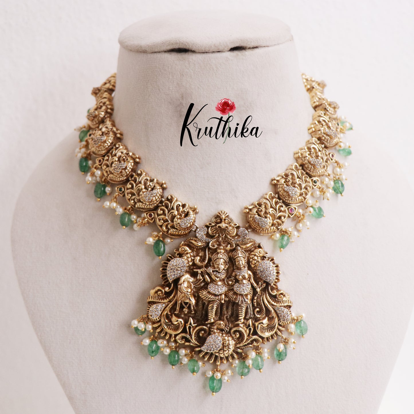 Royal Temple Radha Krishna Peacock Necklace with Green Beads Drops NC2420