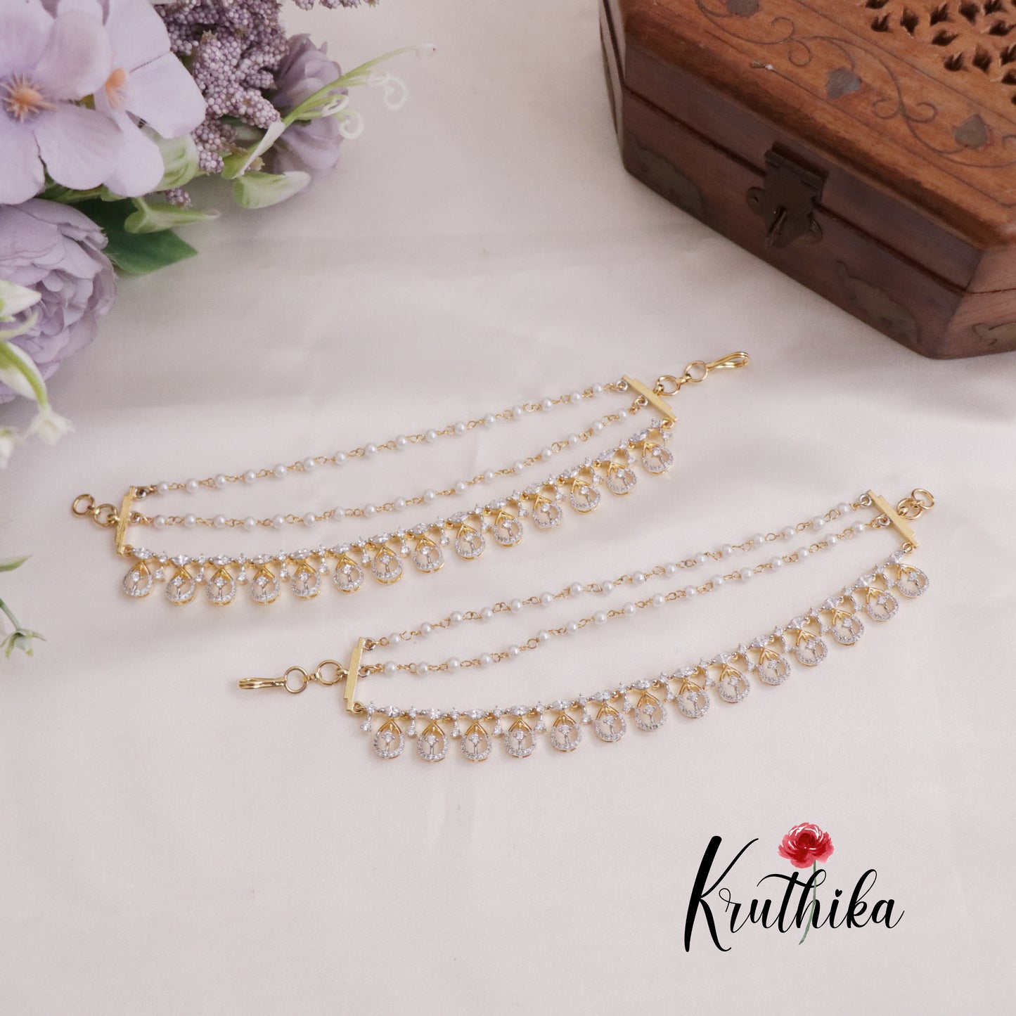 Trendy CZ Sparkling Pearl Drop Earchains EC141