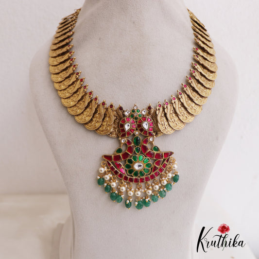 Premium Antique Nagas Lakshmi Kasu Jadau Haaram With Green Bead Drops LH2045