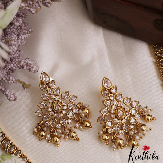 Sparkling Teardrop Motifs CZ Necklace With Pearl Bead Drops NC3097