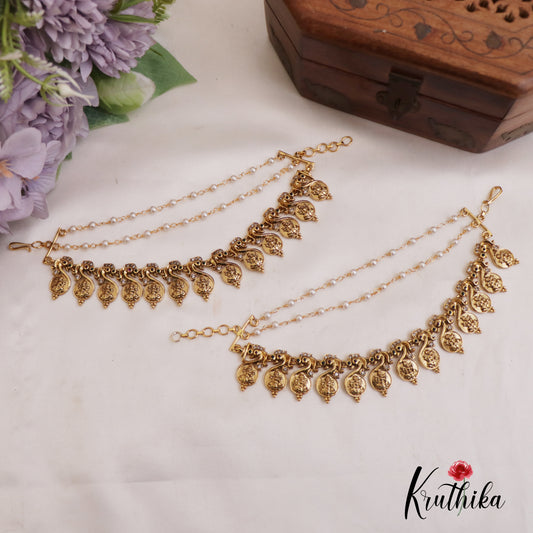 Beautiful Antique Lakshmi Peacock Motifs Triple Stand Earchains EC197