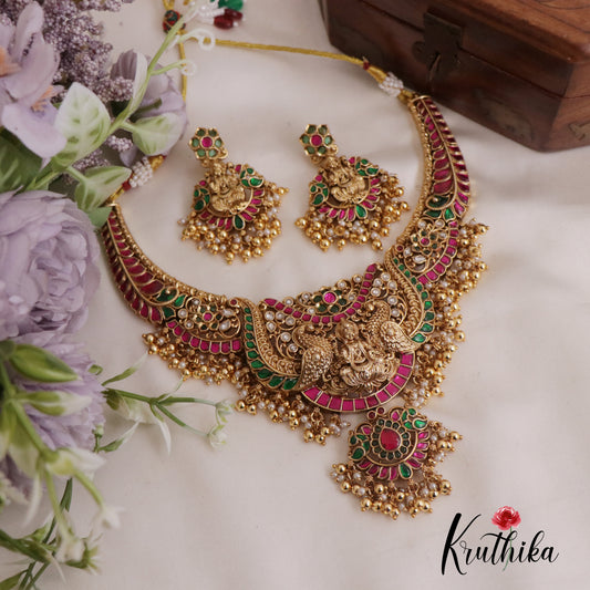 Royal Temple Lakshmi Peacock Jadau Necklace with Golden Beads Drops NC2418