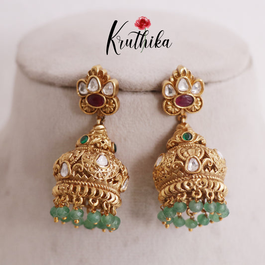 Elegant Antique Kundan Jhumka Earrings with Green Bead Drops E760