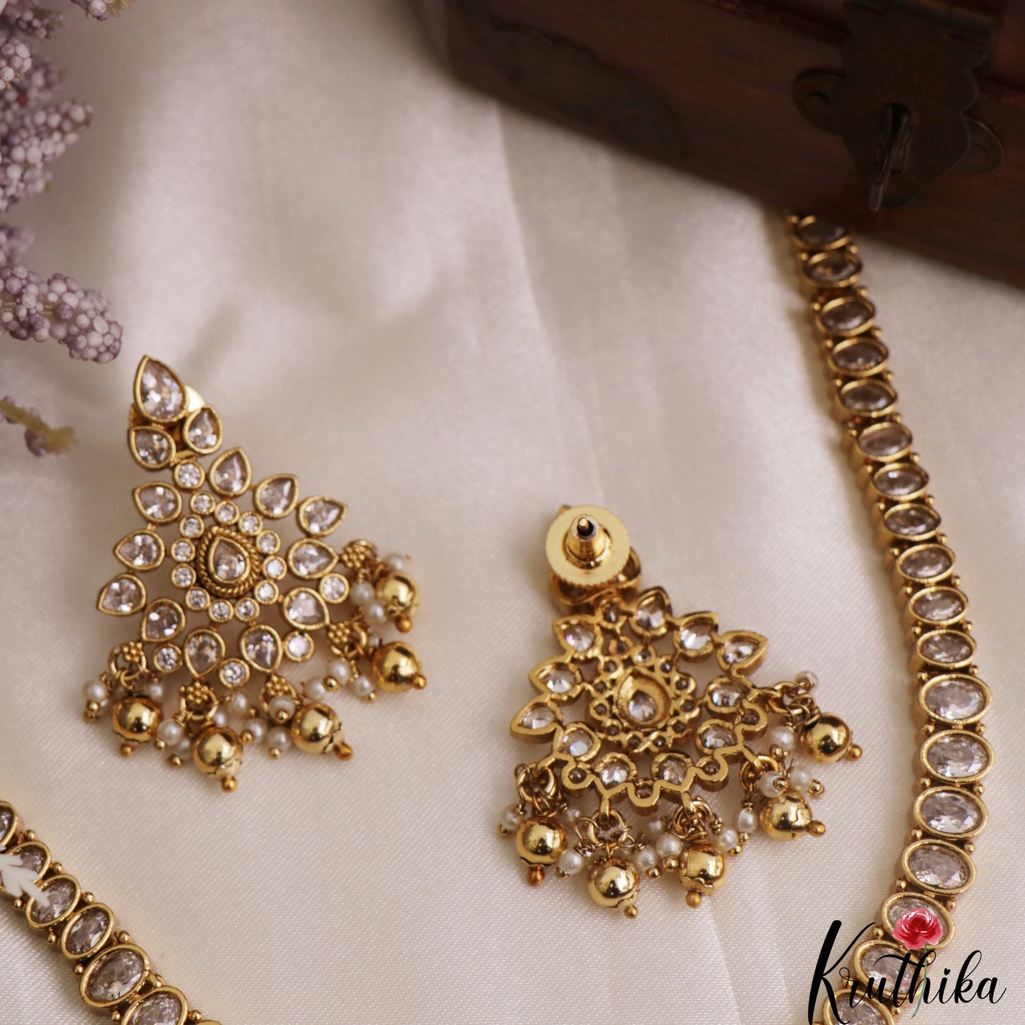 Sparkling Teardrop Motifs CZ Necklace With Pearl Bead Drops NC3097