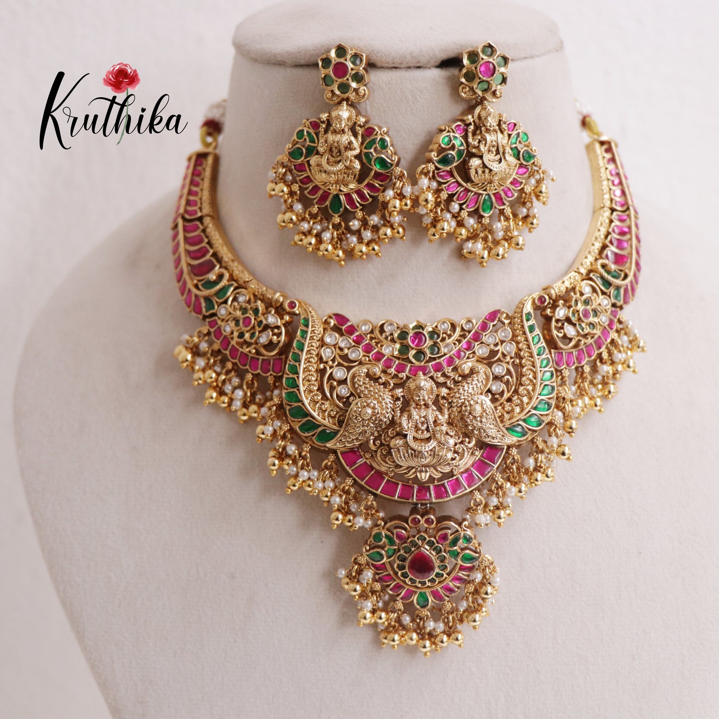 Royal Temple Lakshmi Peacock Jadau Necklace with Golden Beads Drops NC2418