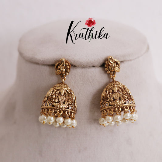 Beautiful Elephant Temple Lakshmi Motif Jhumka Earrings with Pearls Drops E751