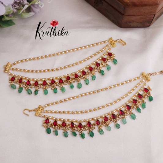 Royal Three Layered Jadau Earchain with Green Breads Drops EC134