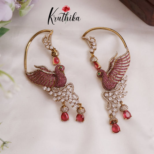 Beautiful AD Victorian Peacock Earcuff with Ruby Drop E727