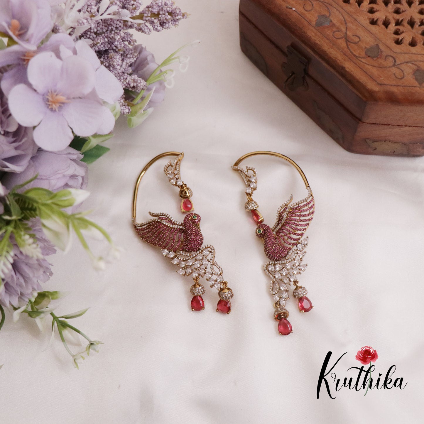 Beautiful AD Victorian Peacock Earcuff with Ruby Drop E727