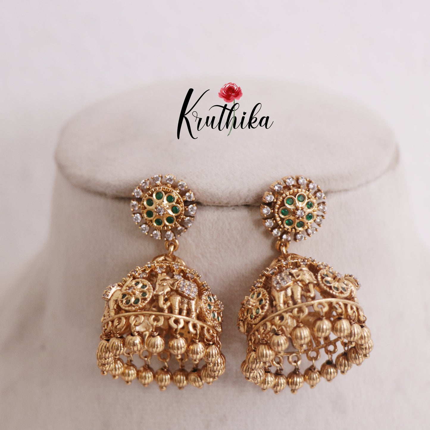 Elegant AD Elephant Jhumka Earrings with Golden Beads Drops E764