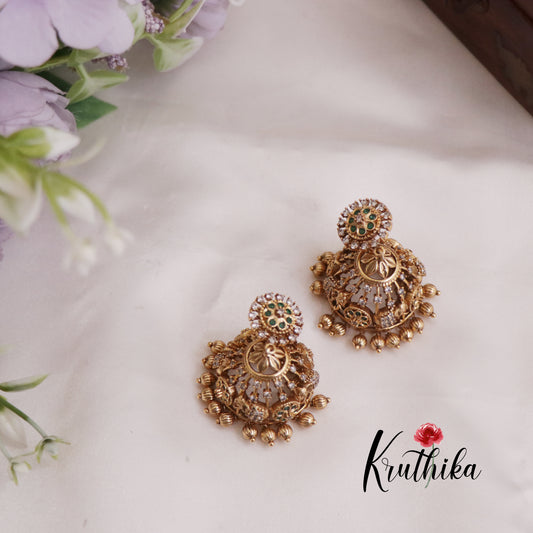 Elegant AD Elephant Jhumka Earrings with Golden Beads Drops E764