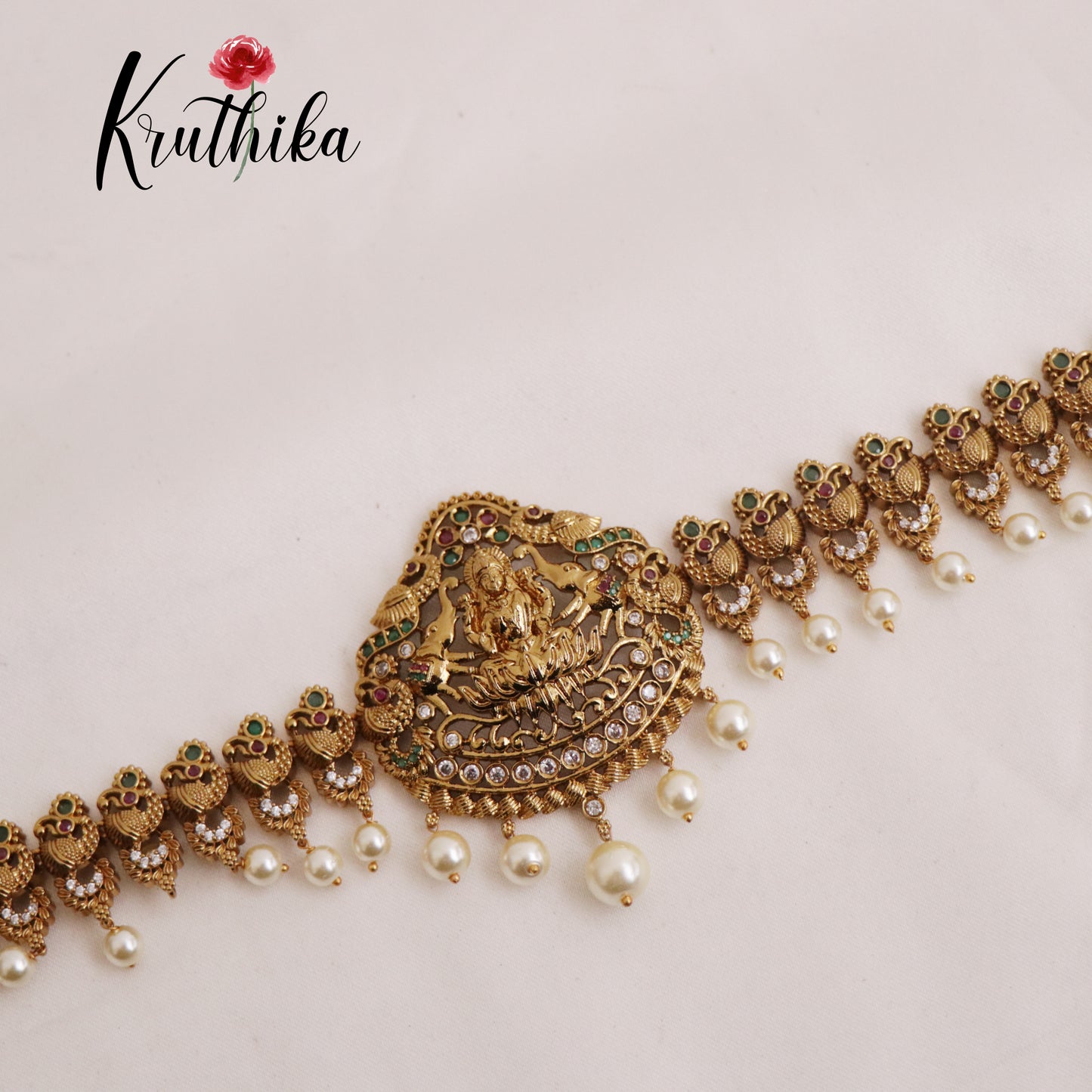 Trendy AD Temple Lakshmi Hip Chains with Pearls Drops V292