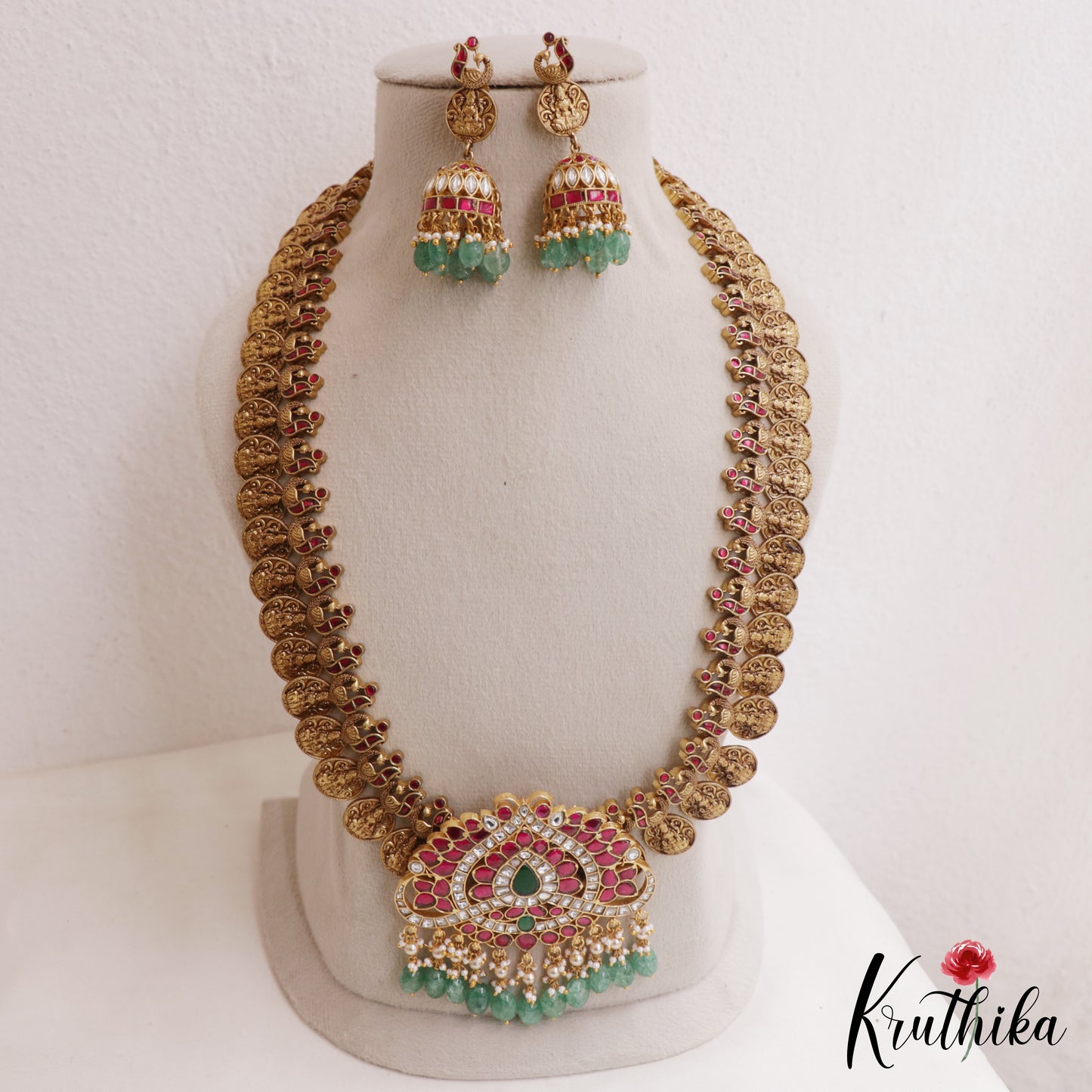 Gorgeous Antique Peacock Motifs Lakshmi Kasu Jadau Haaram With Green Bead Drops LH2124