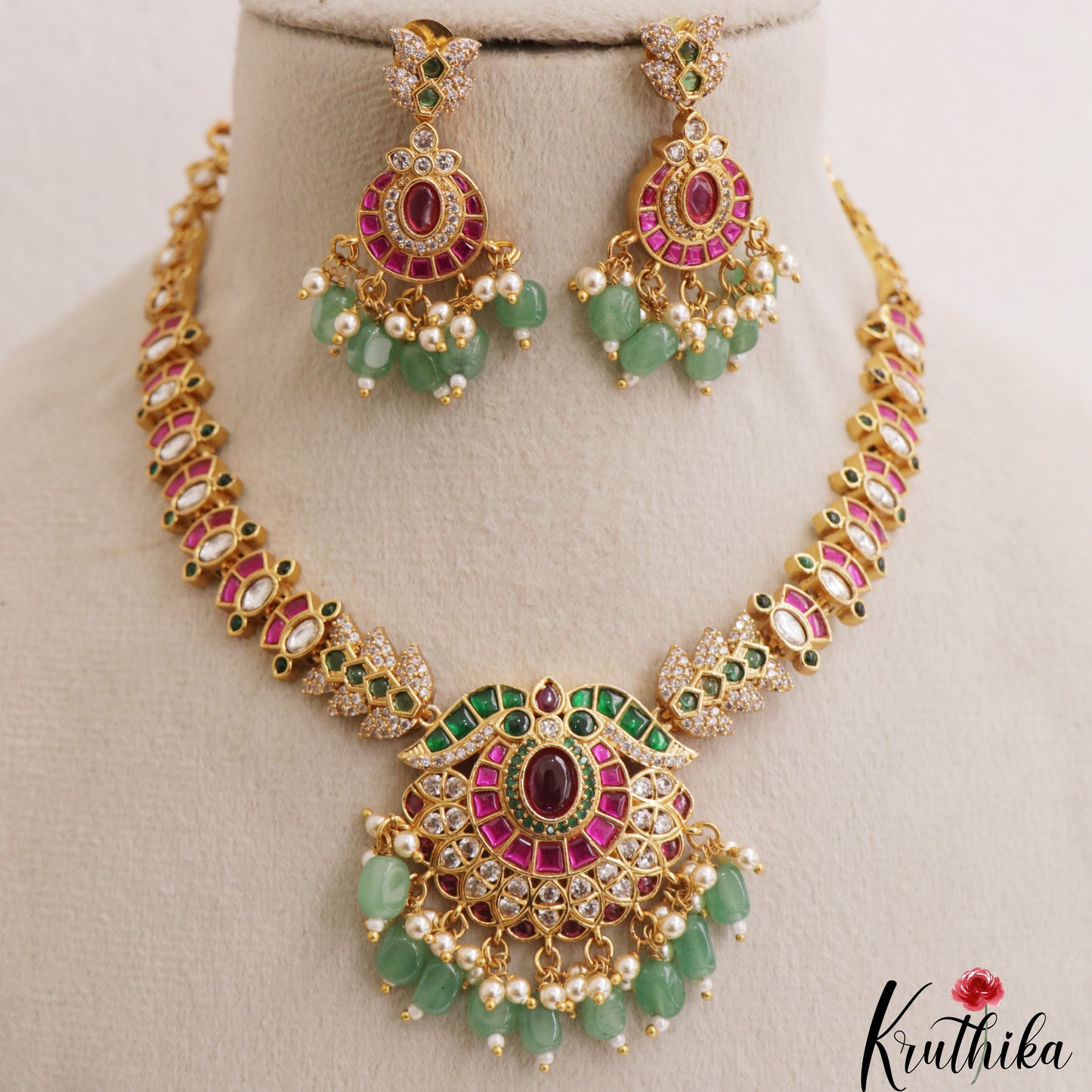 Gorgeous Floral Geometric Motifs Jadau Necklace With Green Bead Drops NC3099