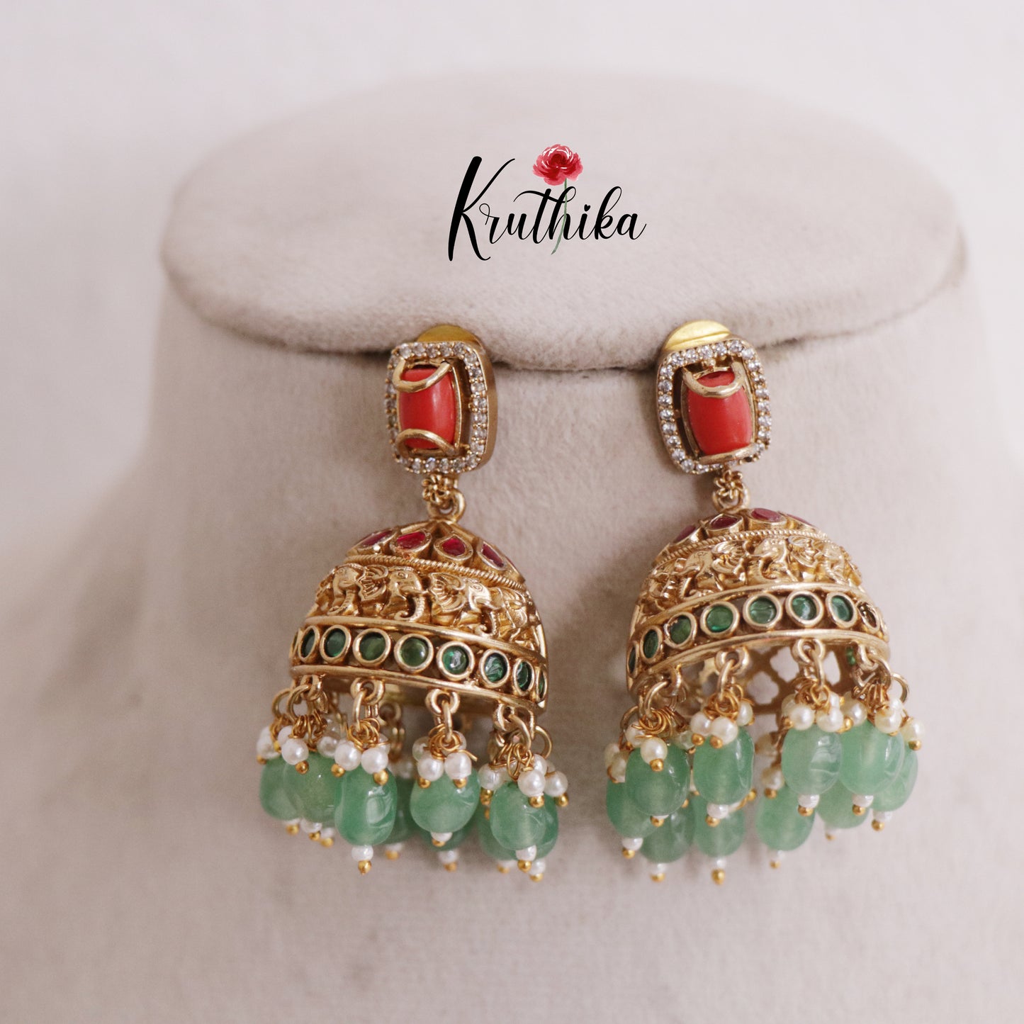 Trendy Coral Elephant Jhumkas with Green Beads Drops E736