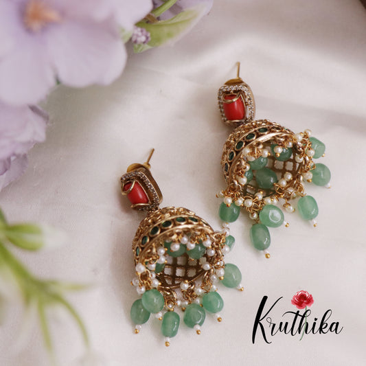 Trendy Coral Elephant Jhumkas with Green Beads Drops E736