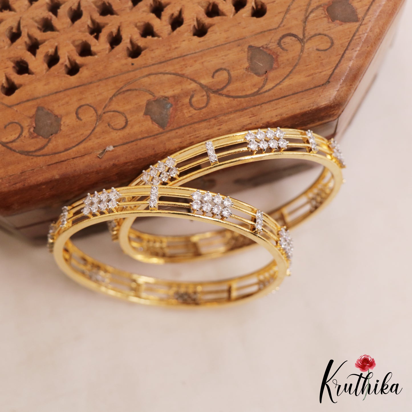 Elegant Diamond-Finish Gold-Tone CZ Bangles B550 (Set of 2)