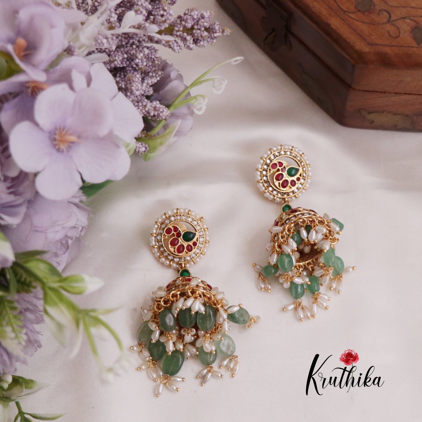 Beautiful Peacock Jadau Jhumkas with Beads Drops E768