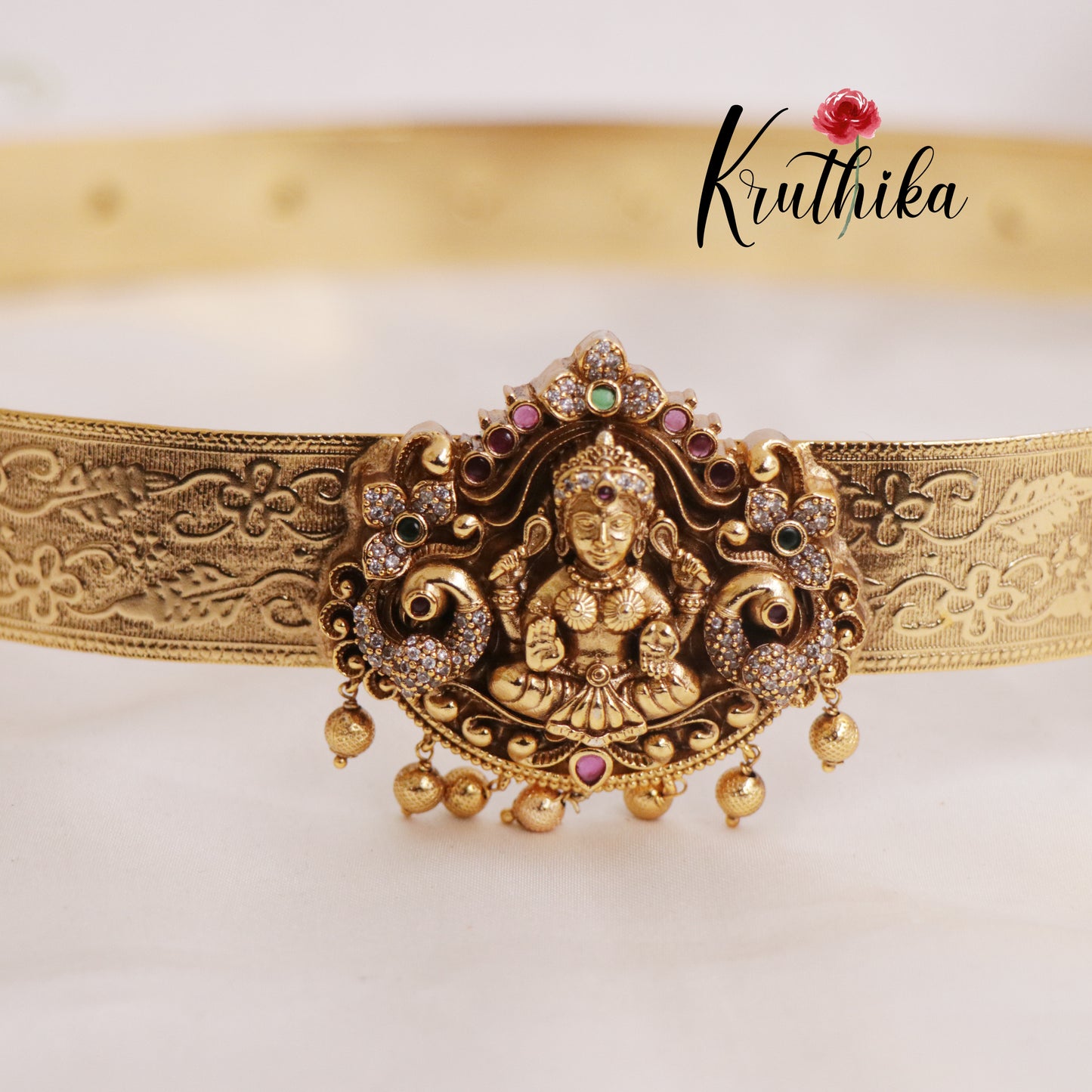 Premium Light Weight AD Lakshmi Peacock Hip Belt with Golden Beads Drops V301