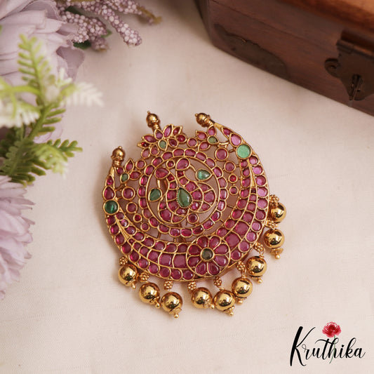 Classic Floral Peacock Motifs Kemp Jada Billa With Golden Bead Drops J397