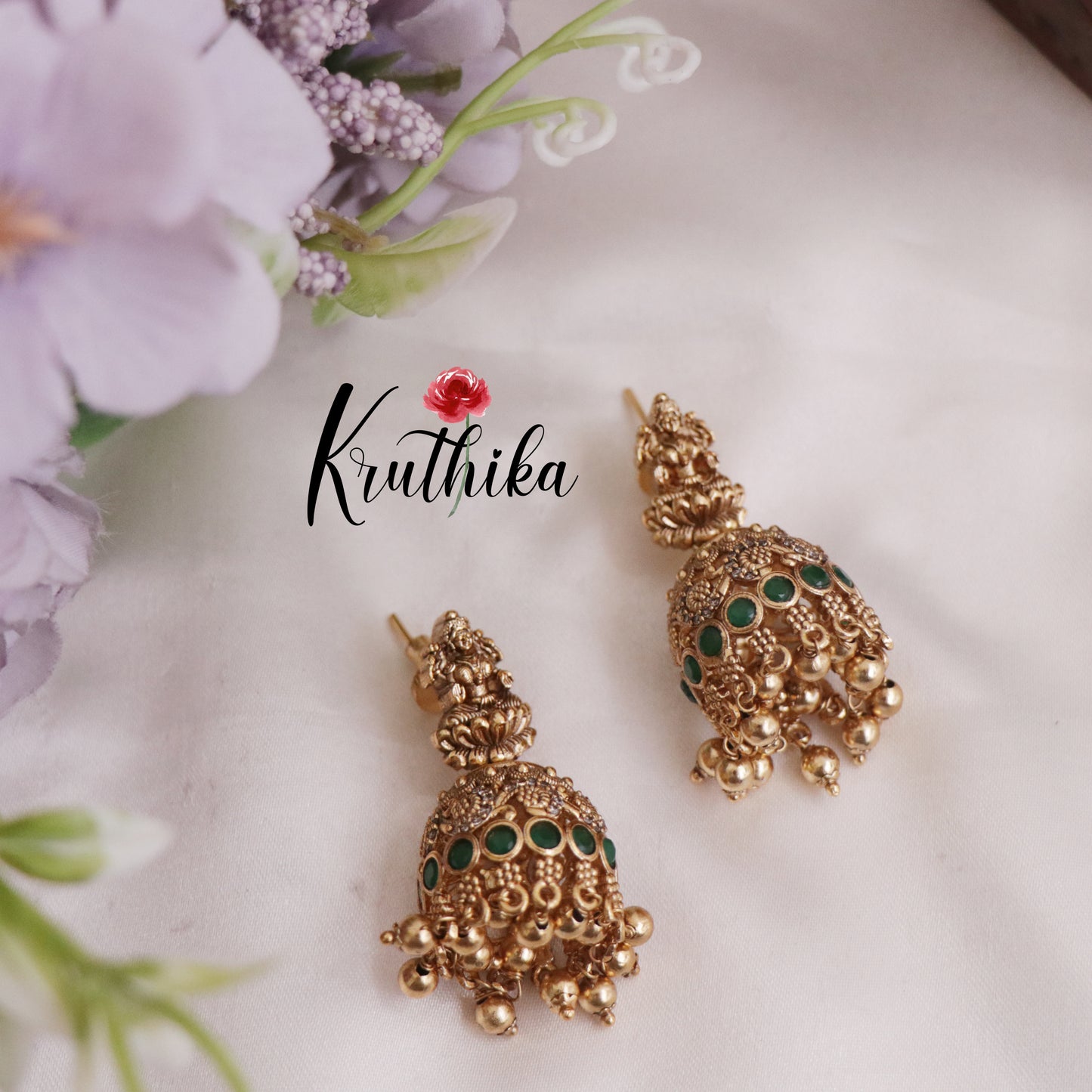 Classic Temple Lakshmi Jhumka with Golden Beads Drops E765