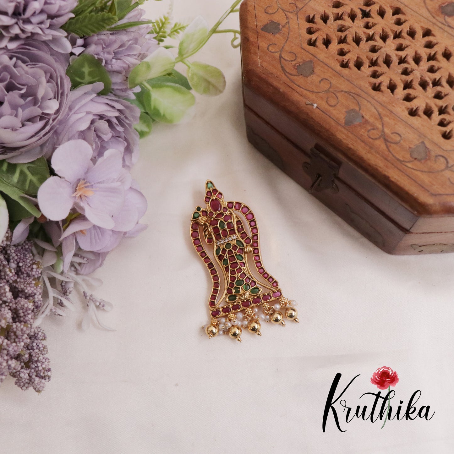 Beautiful Amman Meenakshi Kemp Pendant with Golden Beads Drops PS241