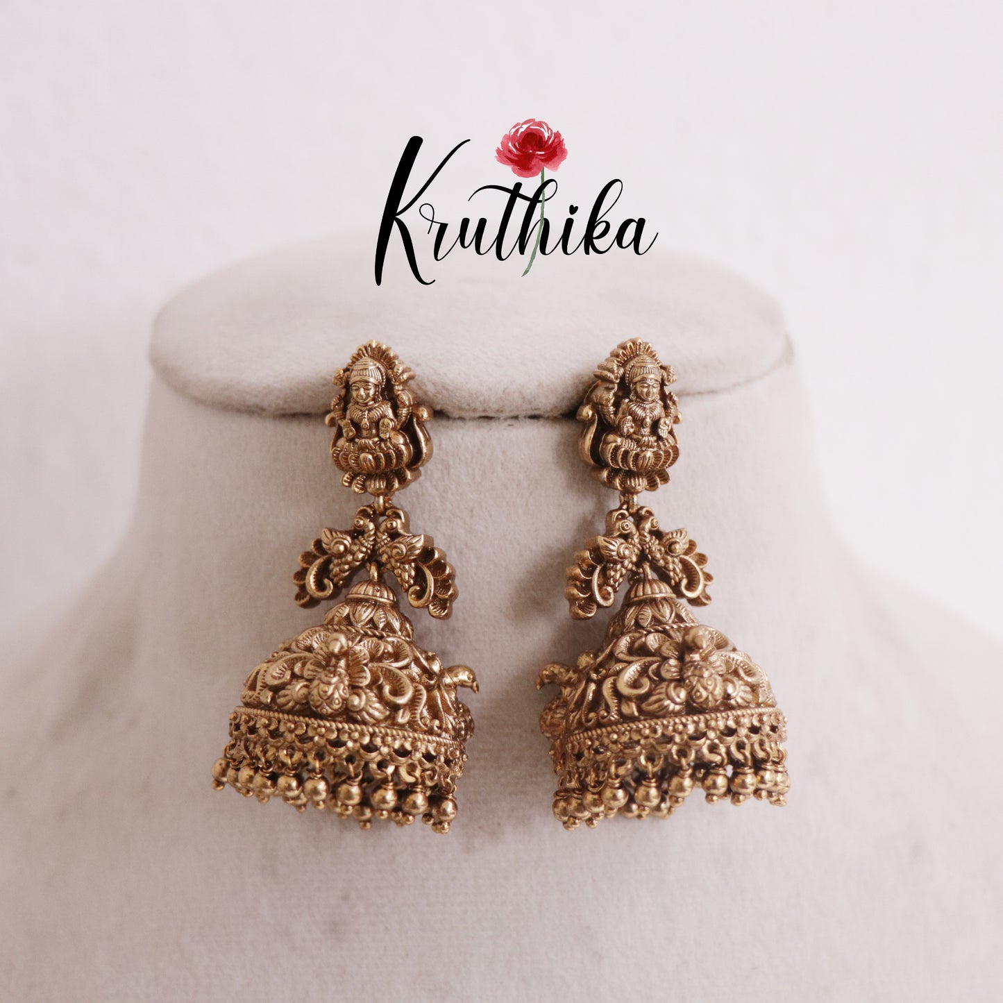 Beautiful Antique Temple Lakshmi Jhumkas with Golden Beads Drops E766