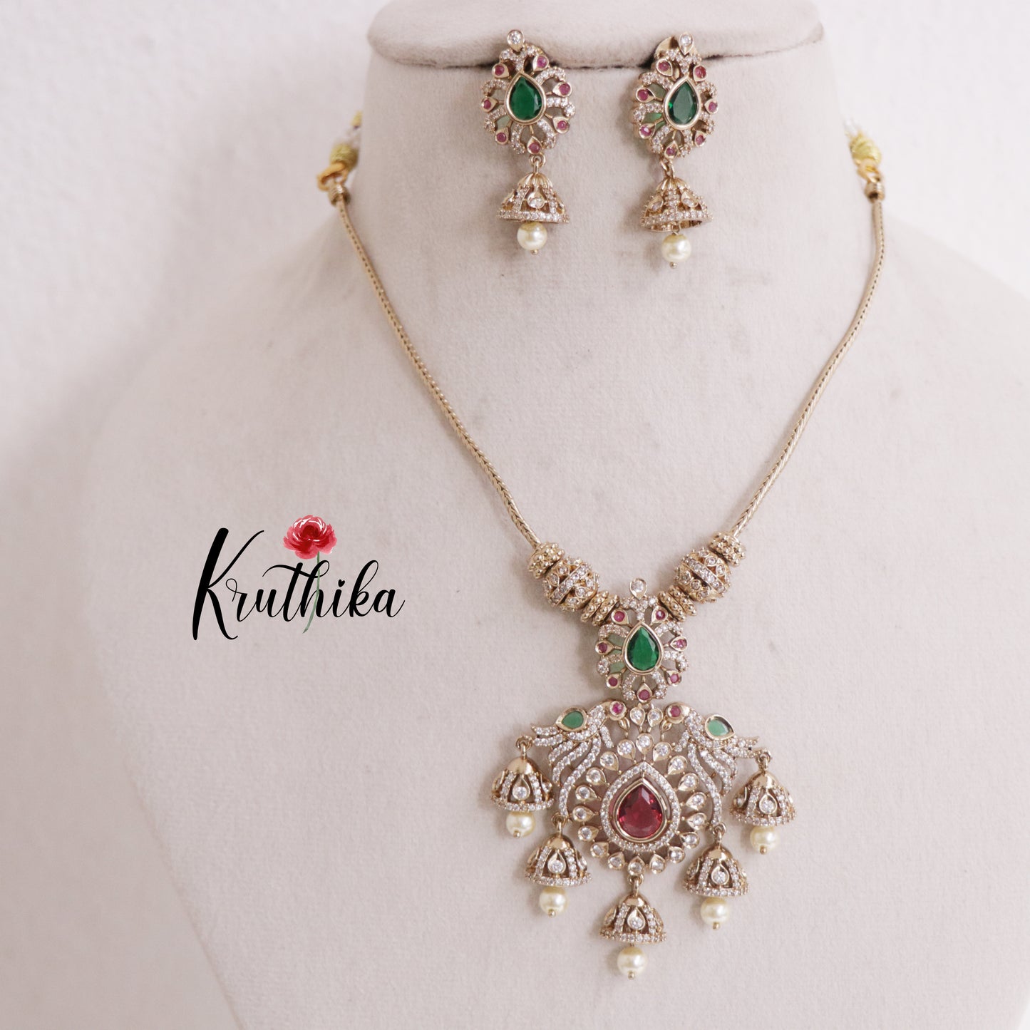 Simple AD/Victorian Peacock Necklace with Mini Jhumka Drop with Pearl Hangings NC2421